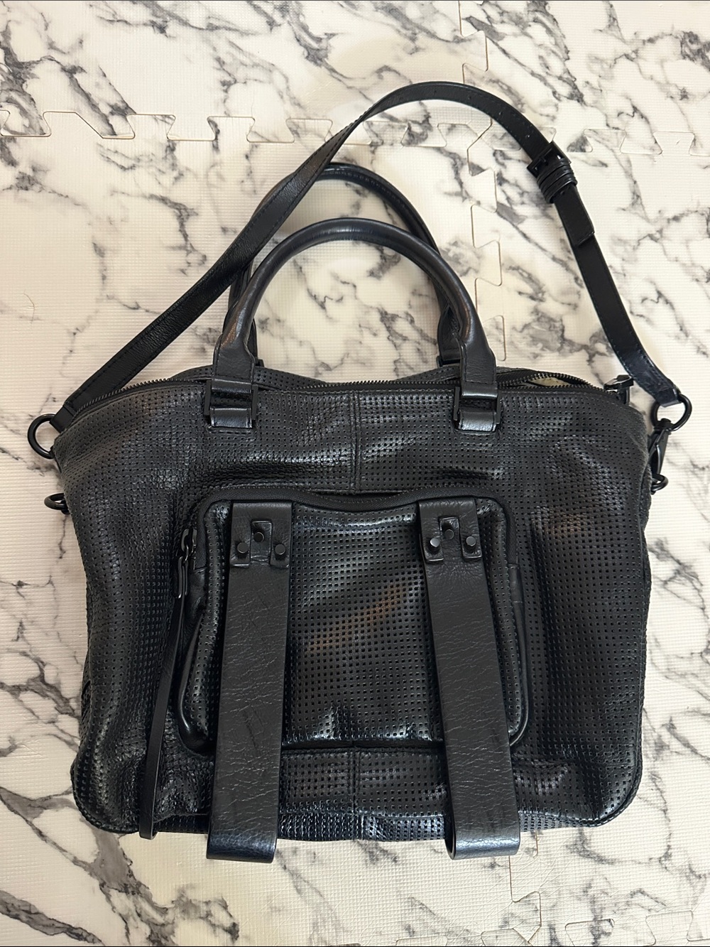 All Black Perforated Real Leather Satchel with Front Strap Detail